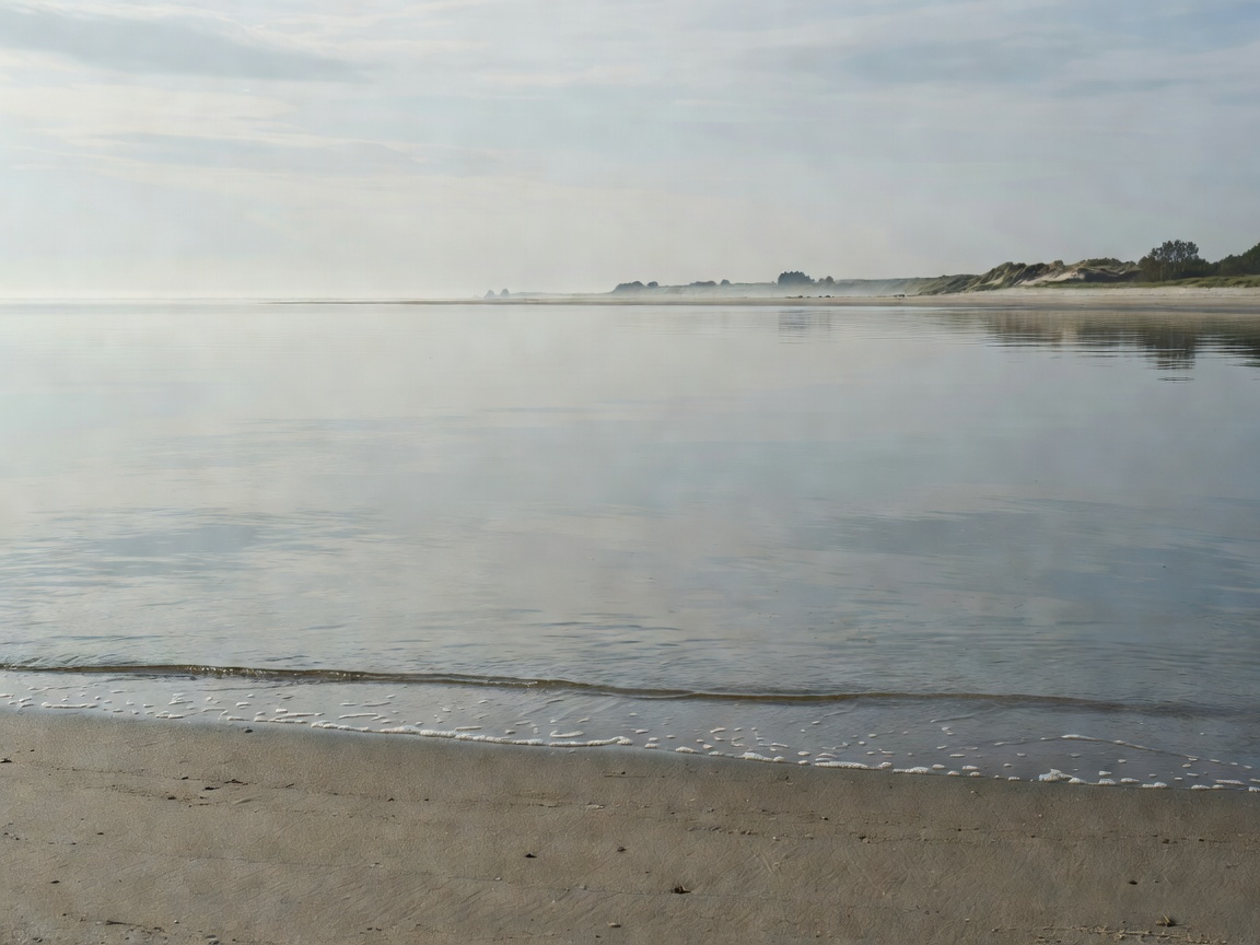Realistic Schleswig-Holstein Baltic coastline with natural water reflections, calm coastal waves, and light coastal haze