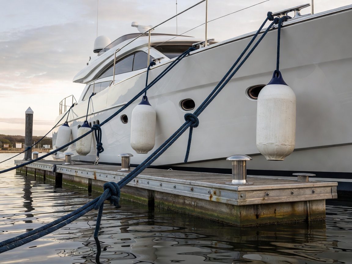 Heavy duty marine mooring lines and fenders properly securing a yacht to a floating pontoon