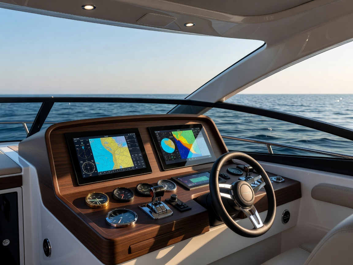 Detailed view of a modern helm station on a motor yacht with realistic marine navigation equipment
