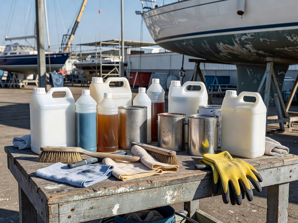 Assortment of marine cleaning and maintenance products in a professional boatyard