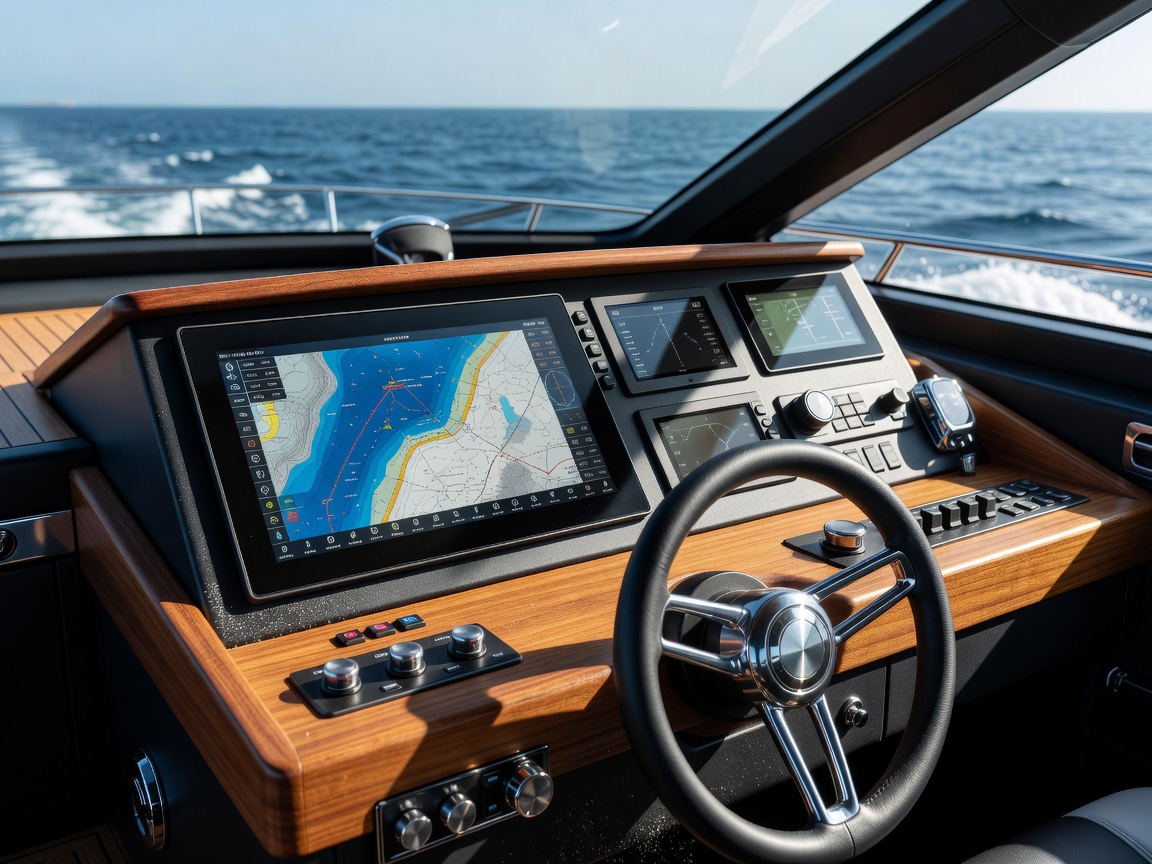 Modern marine chartplotter and navigation display on a realistic yacht helm