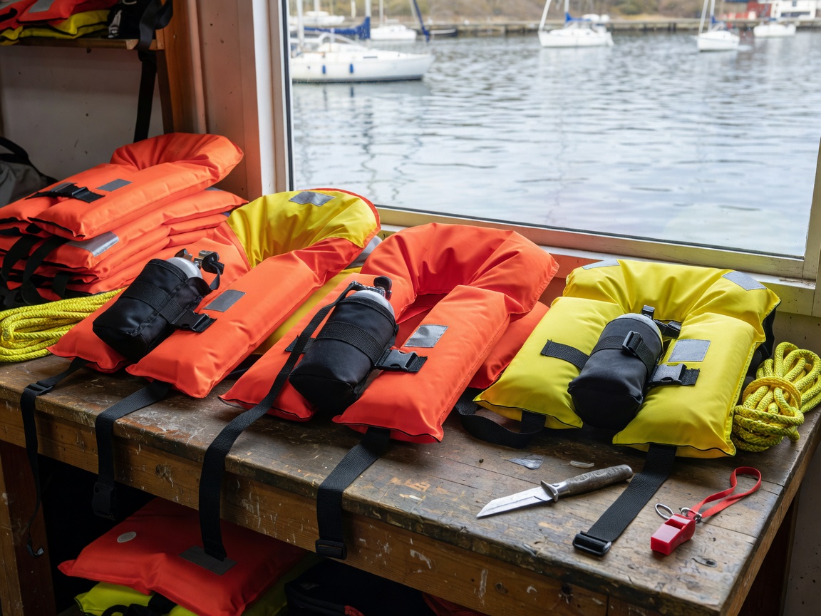 Automatic inflatable marine lifejackets placed on a realistic marine workbench