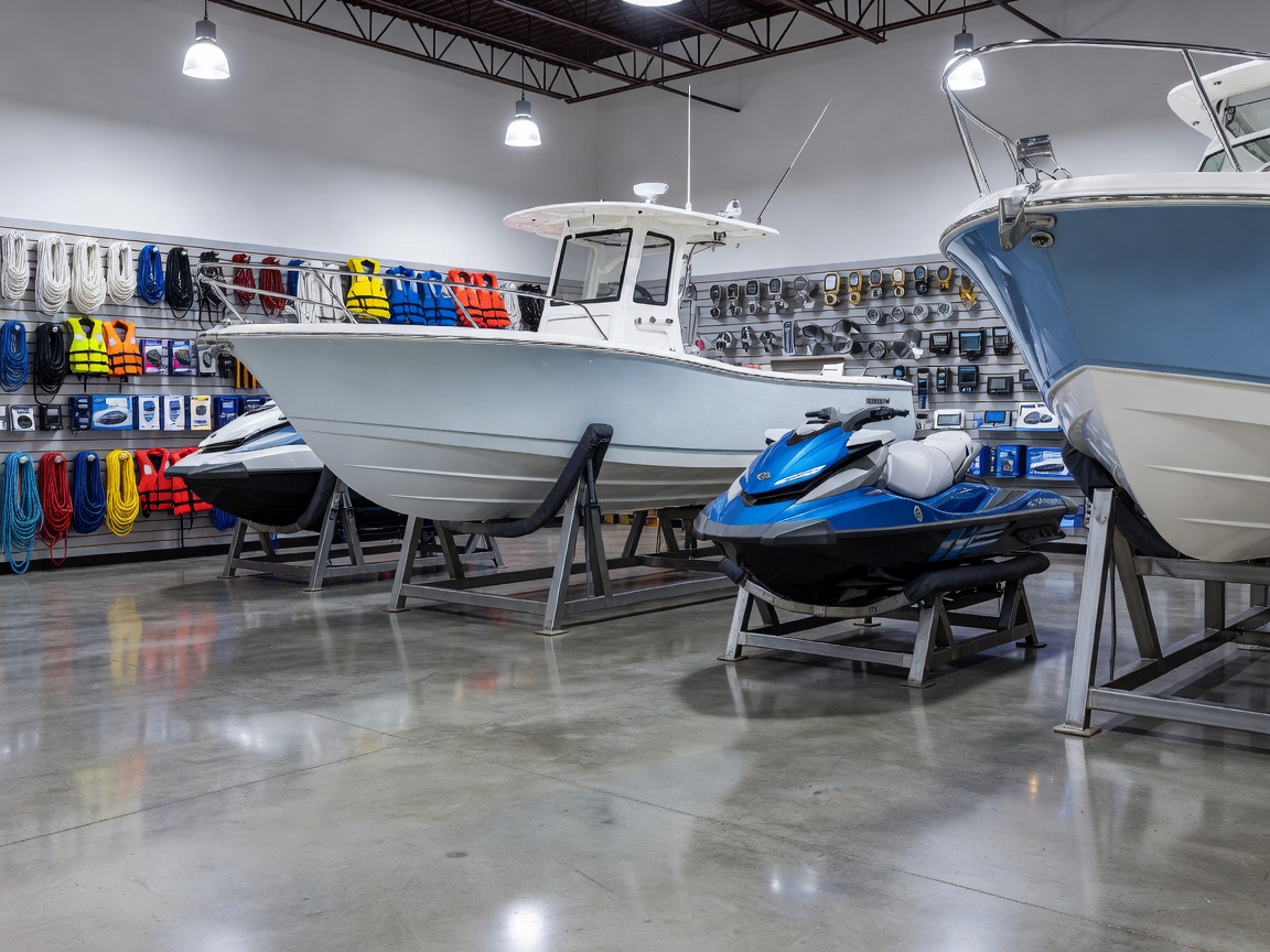 Interior of a professional marine equipment showroom with proper boat stands and concrete floor