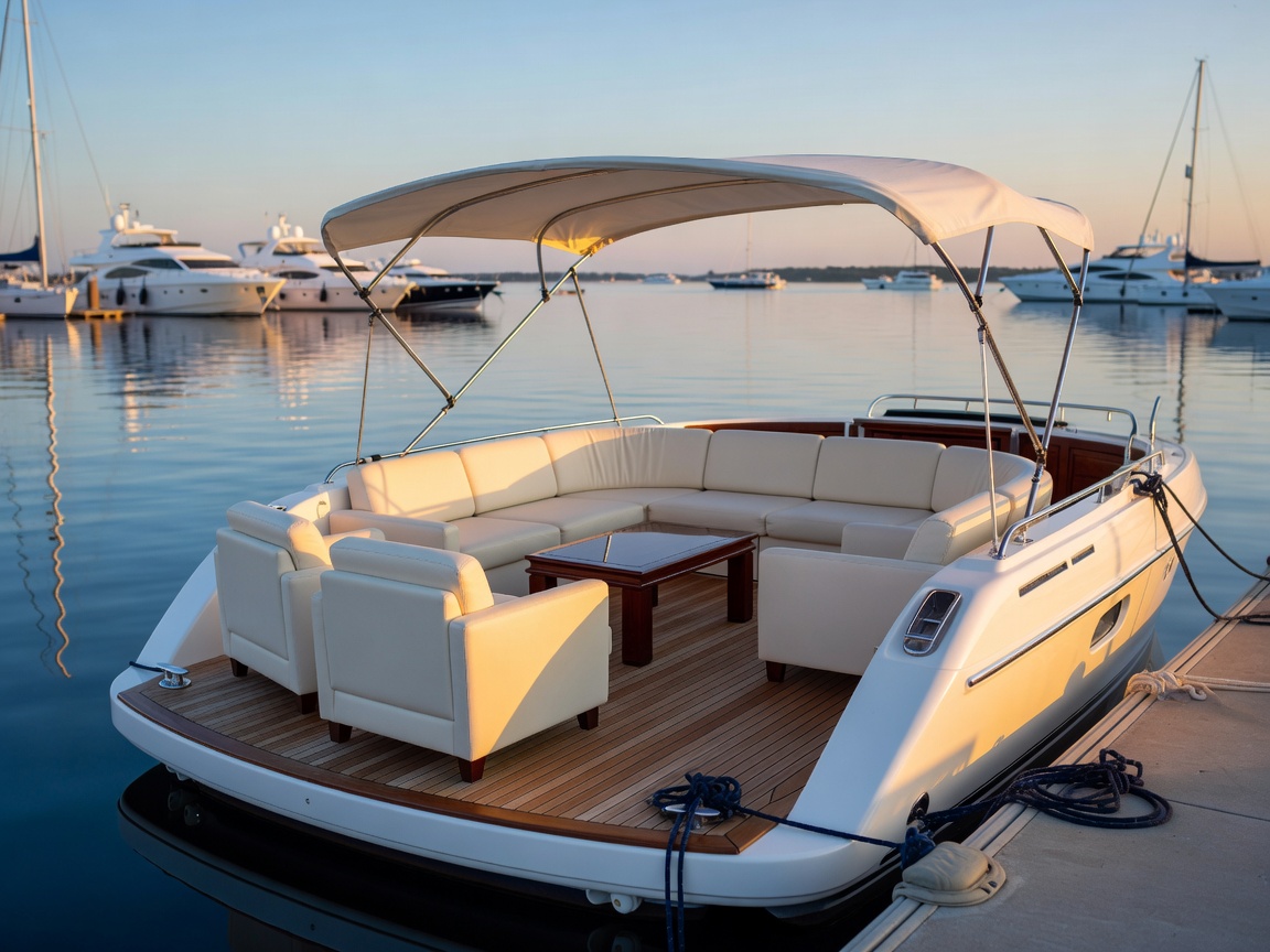 Aft deck seating area of the yacht securely moored in a marina