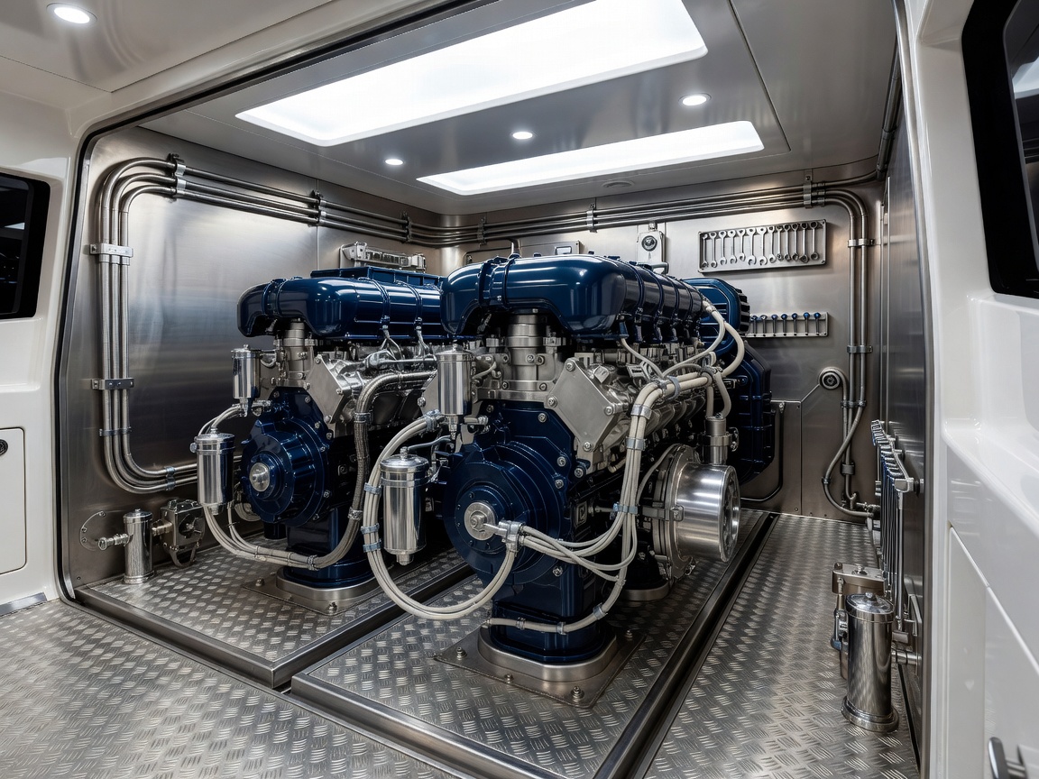 Clean and well-organized engine room with professional marine lighting