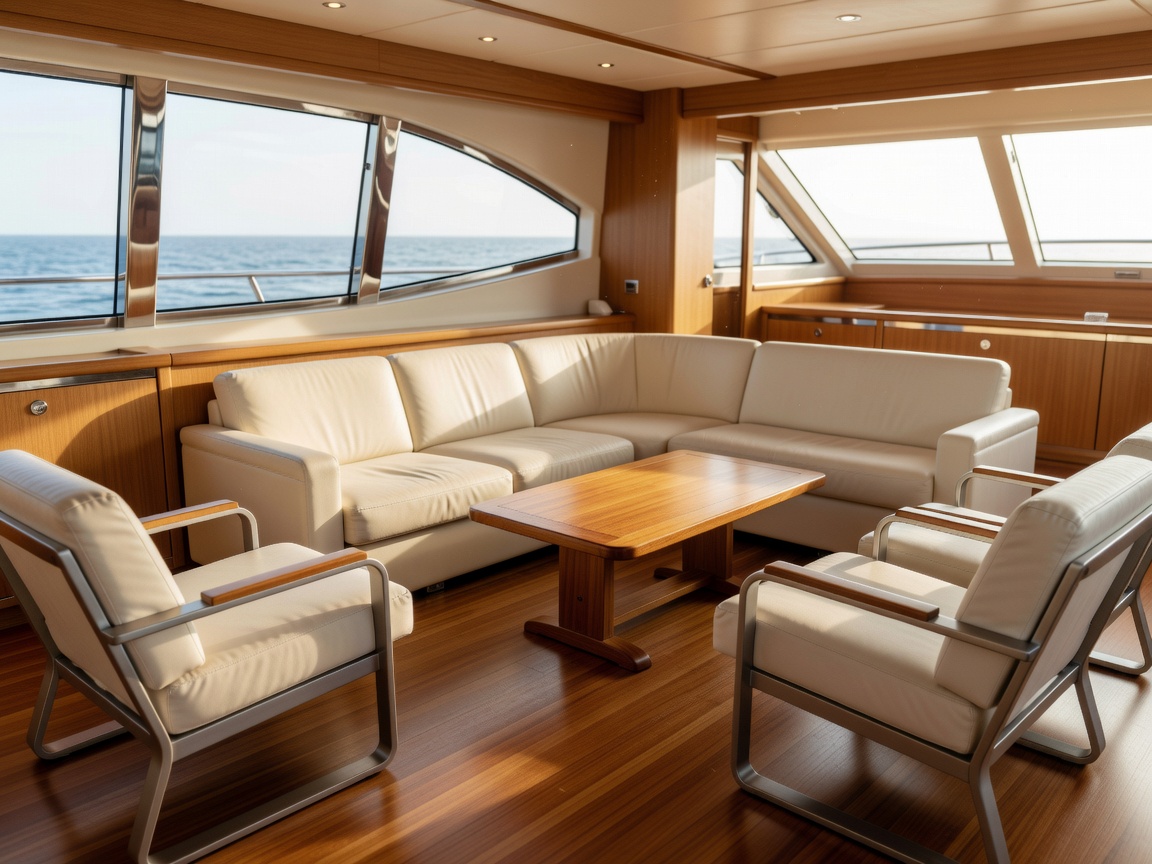 Interior view of the spacious saloon with correct marine furniture and natural lighting