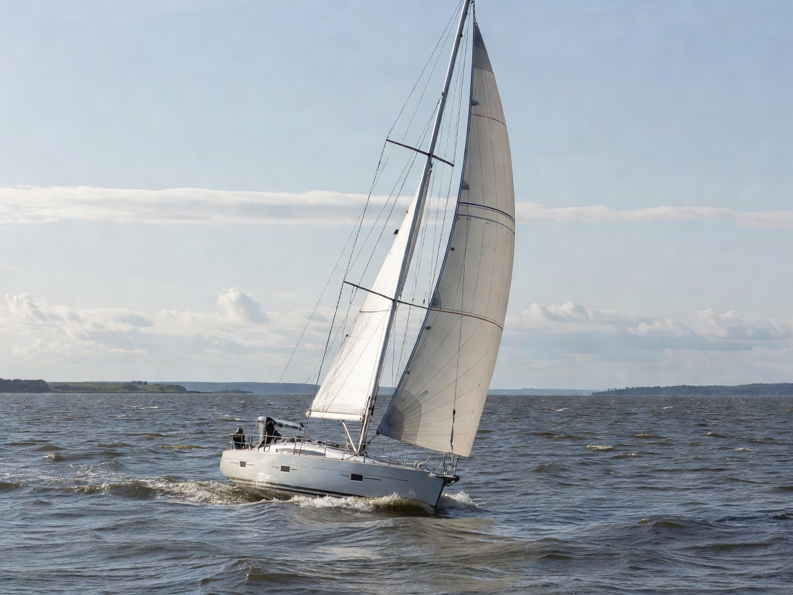 Sailing yacht fully afloat and actively navigating through the Kieler Förde coastal water under natural northern European daylight