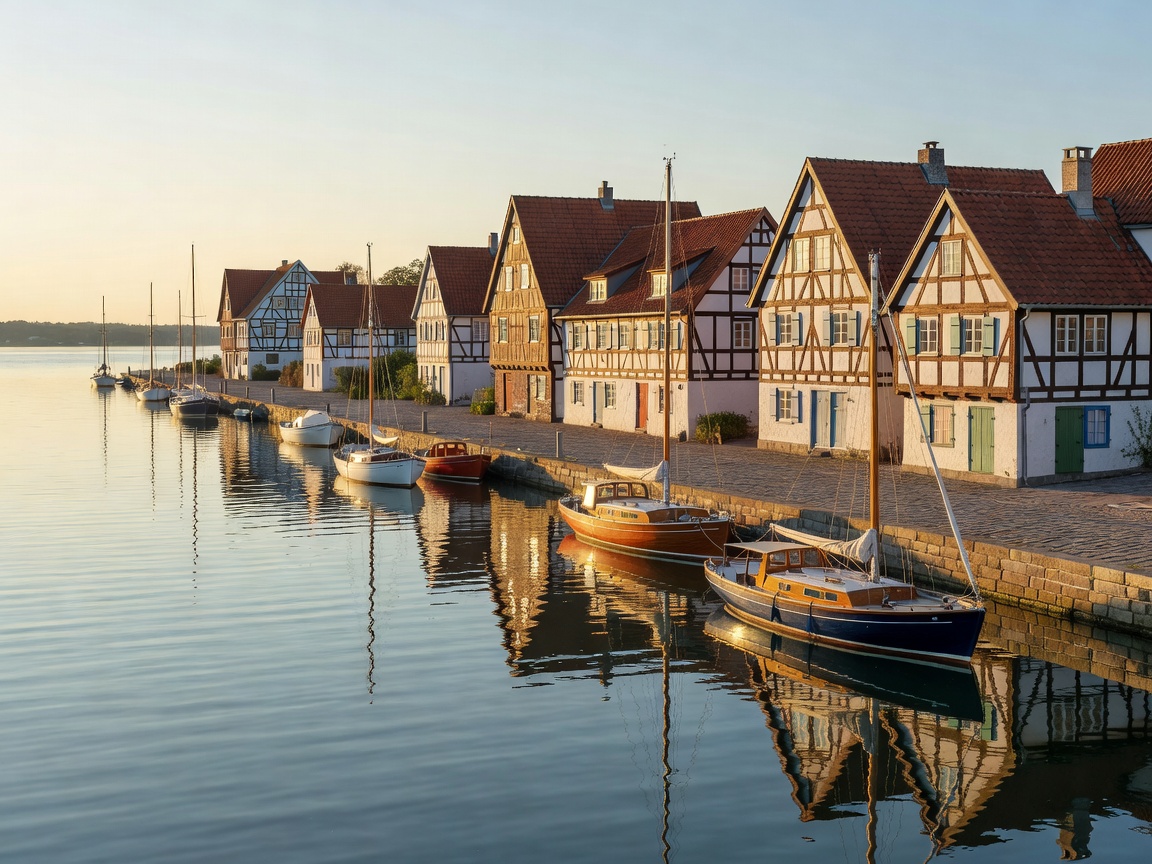 Traditional harbour architecture along the Schlei inlet with calm coastal water supporting yachts