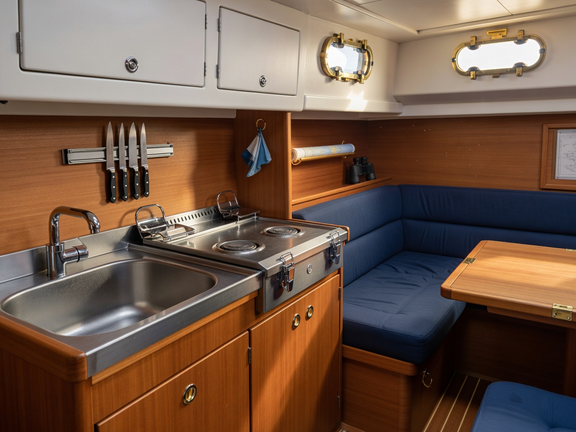 Realistic marine galley equipment and cabin accessories inside a correctly proportioned yacht interior