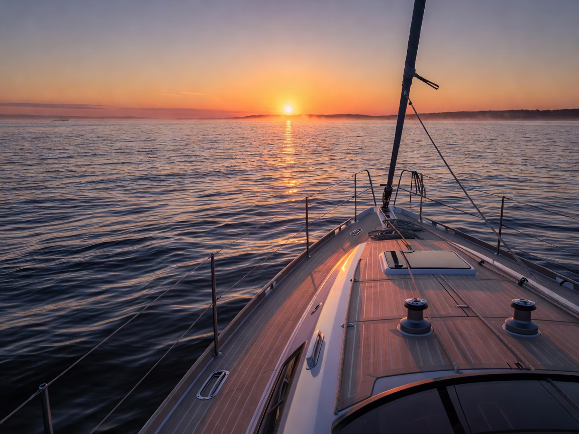 View from a yacht cockpit floating on the Baltic Sea at sunset with realistic water reflections