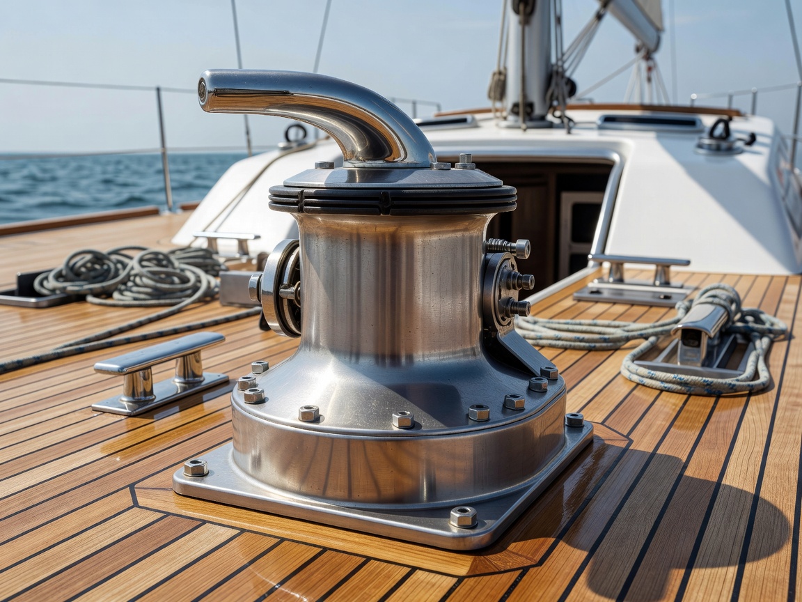 Stainless steel sailing yacht winch properly installed on deck