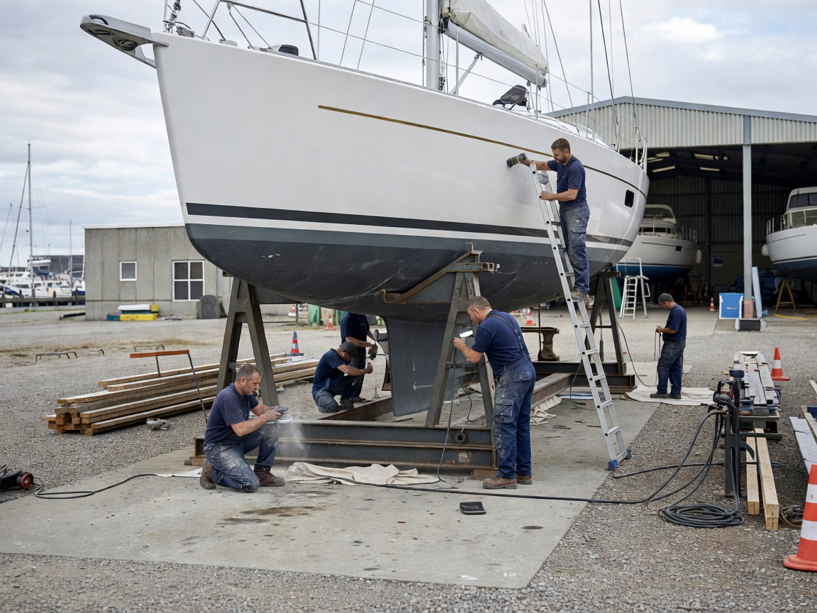 Professional yacht maintenance scene in a genuine German boatyard, with the yacht properly supported by a marine cradle